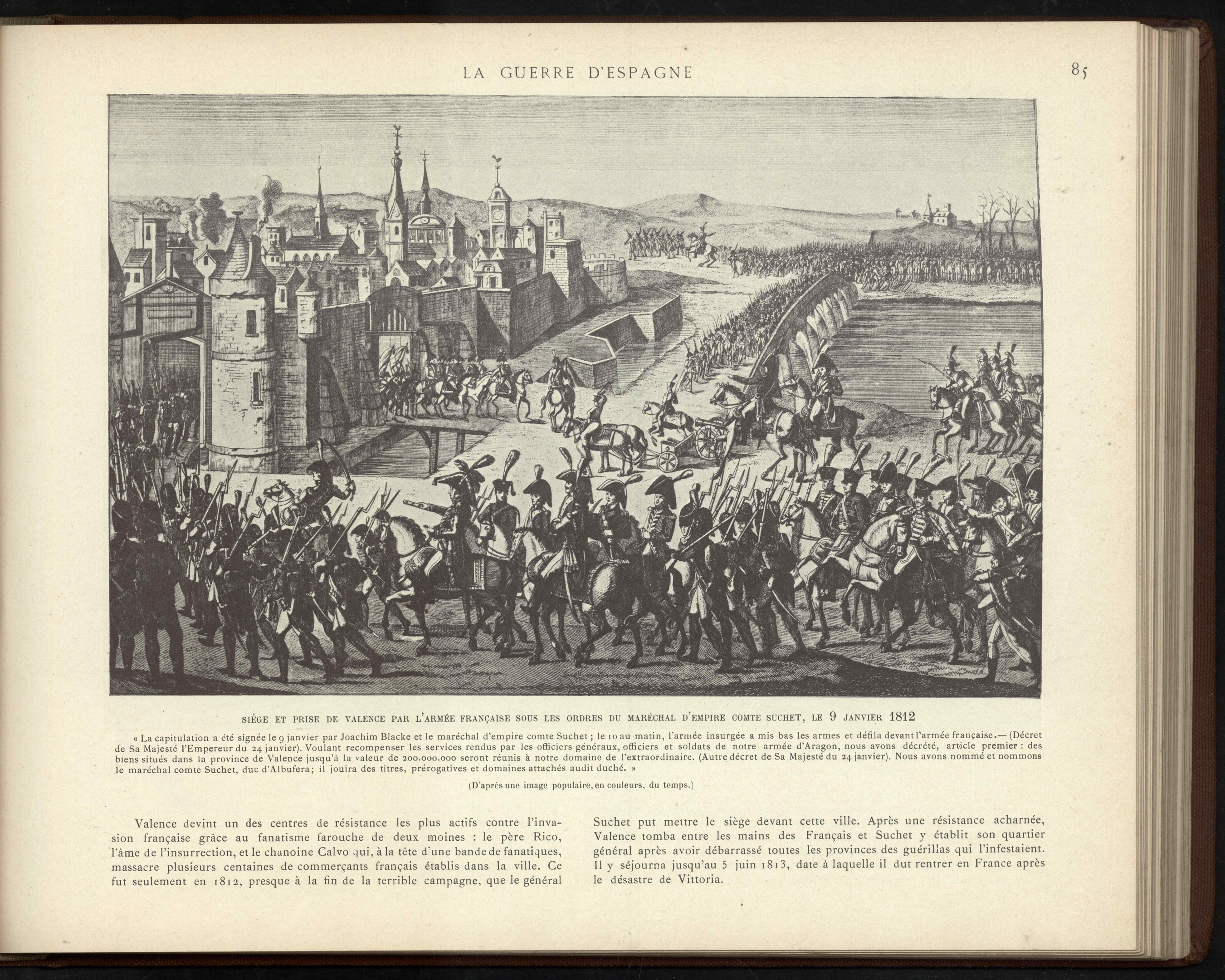 Eine offene Buchillustration, die eine Gruppe von Menschen zu Pferd vor einer Burg zeigt, mit Gebäuden, Hügeln und einem Himmel im Hintergrund, und Text unten.