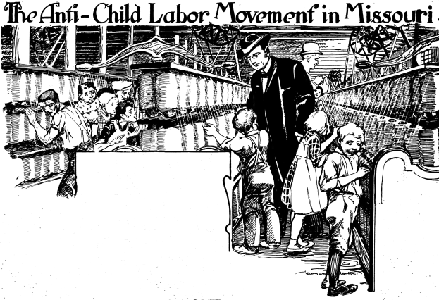 Plakat für die Anti-Kinderarbeit-Bewegung in Missouri, das eine Gruppe von Menschen in traditioneller Kleidung zeigt, einige stehend und einige sitzend, mit Text oben und unten, der Not und Verzweiflung darstellt.