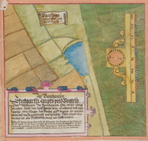 Illuminiertes Manuskript mit detaillierter Karte von Stuttgart, Deutschland, mit Straßen, Gebäuden und Sehenswürdigkeiten, begleitet von beschreibendem Text.