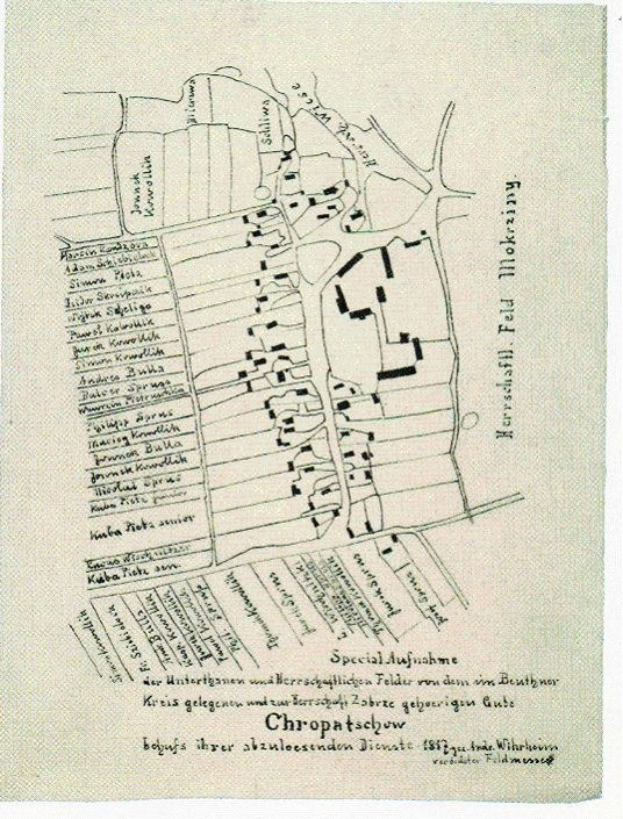 Detailierte alte Karte von Chropatschow, Deutschland, zeigt Straßen, Gebäude, Sehenswürdigkeiten und Text mit zusätzlichen Stadtinformationen.