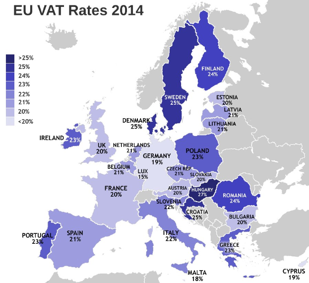 Eine Europakarte, die die EU-Mehrwertsteuersätze von 2014 mit Prozentangaben und Textlabels anzeigt.