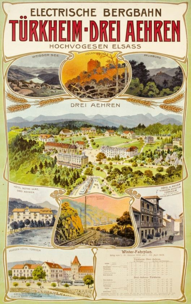 Plakat für die Bergbahn, Deutschland, mit Gebäuden, Bäumen, Hügeln und beschreibendem Text.