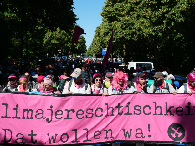 Eine Gruppe von Menschen marschiert die Straße entlang, hölt eine pinkfarbene Fahne mit der Aufschrift "Frauenmarsch in Berlin", einige tragen Mötzen und Schutzbrillen und andere halten Fahnen; Bäume, Fahrzeuge und Himmel sind im Hintergrund zu sehen.