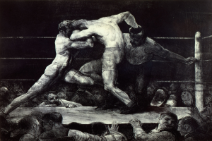 Schwarze und weiße Zeichnung von zwei Boxern im Ring, einer schlägt den anderen, mit einer jubelnden Menge drumherum.