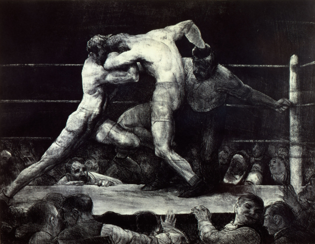 Schwarze und weiße Zeichnung von zwei Boxern im Ring, einer schlägt den anderen, mit einer jubelnden Menge drumherum.