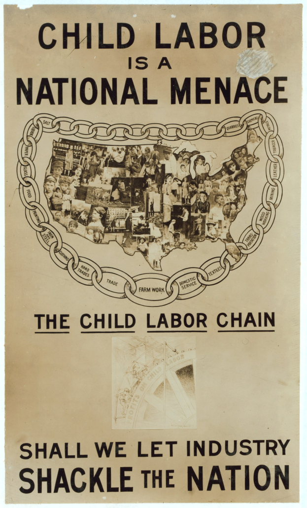 Plakat mit der Aufschrift "Kindera rbeit ist eine nationale Bedrohung - Sollen wir die Industrie das Land fesseln lassen" in fetter schwarzer Schrift auf weißer Hintergrund, das eine vielfältige Gruppe von Menschen zeigt, die gemeinsam stehen.