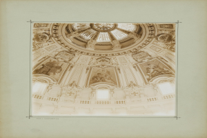 Altes gerahmtes Foto einer Kuppel mit detaillierten architektonischen Entwürfen und Skulpturen an den Wänden und an der Decke.