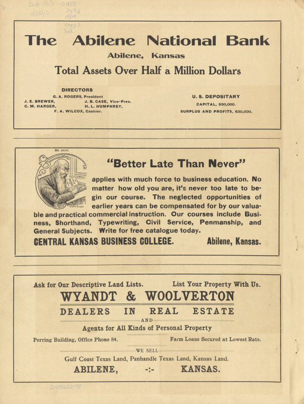 Schwarze und weiße Zeitungsanzeige für die Abilene National Bank mit einem Porträt in der Mitte und Text, der die Bankdienste beschreibt.