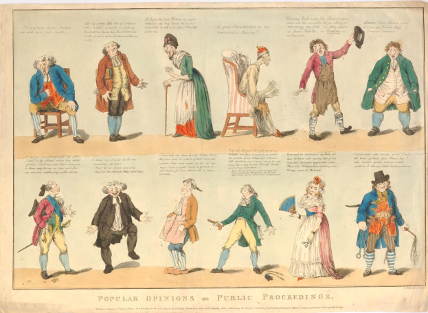 Zeitung mit gedruckten Bildern von Menschen und handgeschriebenem Text, der öffentliche Meinungen zu rechtlichen Verfahren zusammenfasst.