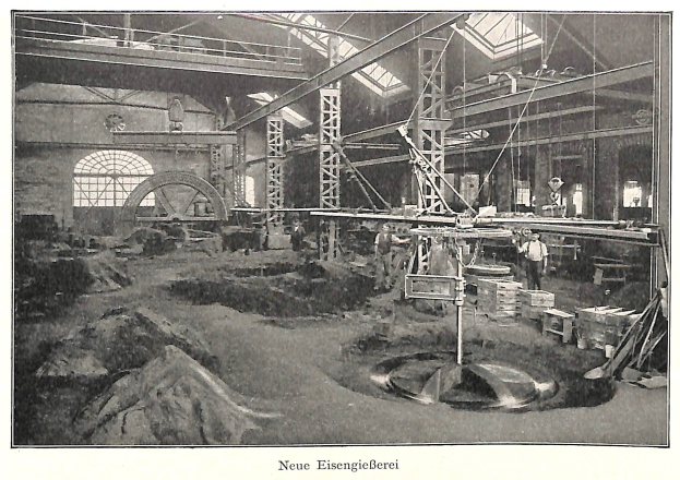 Schwarz-weiß-Zeichnung einer belebten Stahlmühle aus den 1910er Jahren mit Arbeitern, Pfählen und Maschinen.