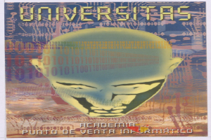 Ein Plakat mit einem kahlköpfigen Mann mit einem breiten, geschlossenen Augen-Lächeln, umgeben von Text und Zahlen, mit dem Wort "Universitas" in fetter schwarzer Schrift.