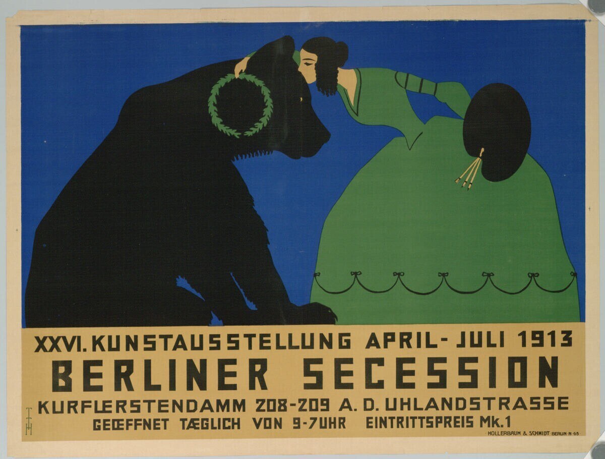 Plakat für die Berliner Secession 1913, das eine Frau und einen Hund mit Text zeigt