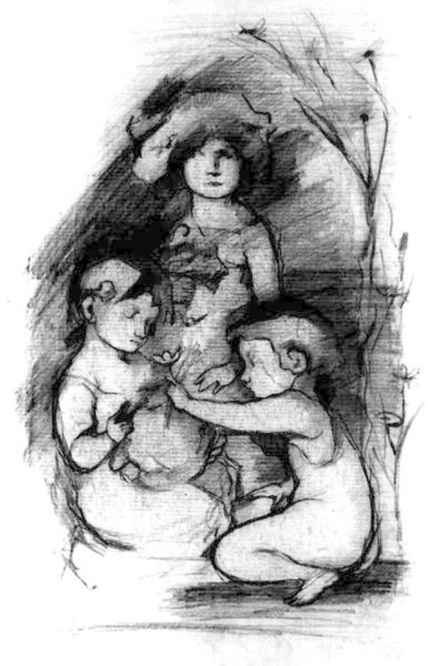 Eine Schwarz-Weiß-Zeichnung von Edgar Degas namens 'Mutter und Kind' zeigt eine Frau mit sanftem Gesichtsausdruck und zwei Kindern, die bewundernd zu ihr aufschauen, vor einem weichen, gedämpften Hintergrund.