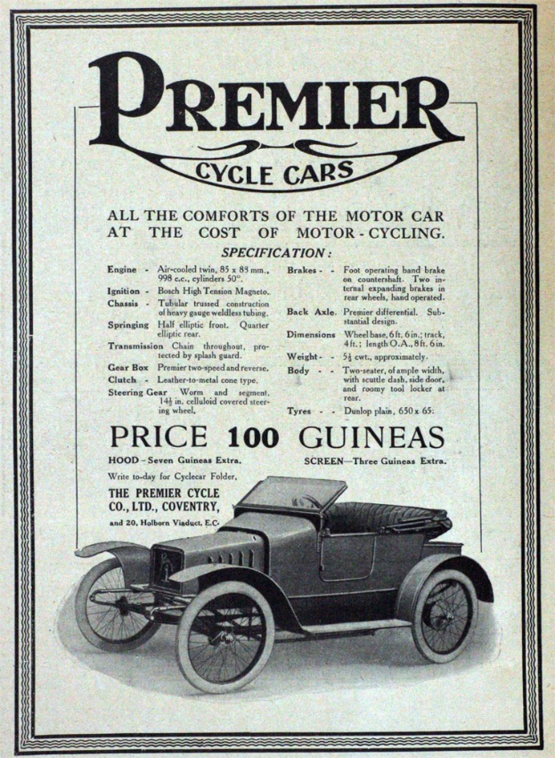 Werbung für Premier Cycle Cars mit einem klassischen schwarzen Auto mit schlankem Design und der weißen Aufschrift "Premier Cycle Cars"