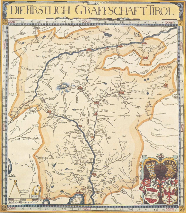Ein detailliertes historisches Plakat der ersten Grafschaft Tirol-Karte, das geografische Merkmale wie Flüsse, Berge und Städte sowie begleitenden Text zur Region zeigt.