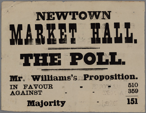 Ein Blatt Papier mit der Aufschrift "Newtown Market Hall, die Wahl, Mr. Williams' Proposition für die Mehrheit"