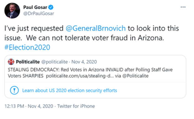 Screenshot des Twitter-Accounts von Paul Gosar mit Profilbild und Text "Wir können keine Wahlfälschung in Arizona dulden."