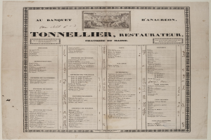 Ein altes Buch mit einer Restaurant Speisekarte, das Text und ein Bild enthält, das die Angebote des Restaurants beschreibt.