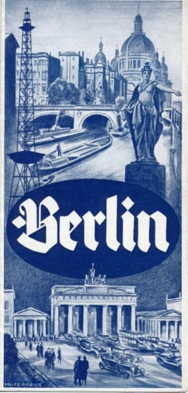 Plakat bewirbt Berlin, Deutschland, mit einer Statue, Gebäuden, einem Turm, Menschen, Fahrzeugen auf einer Straße, einer Brücke und Text mit Stadtinformationen.
