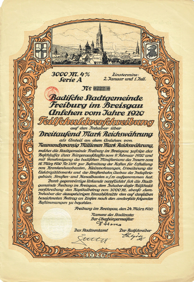 Altes deutsches Aktienzertifikat mit einer Stadtansicht und gedrucktem Text, der wahrscheinlich seinen Ursprung beschreibt.