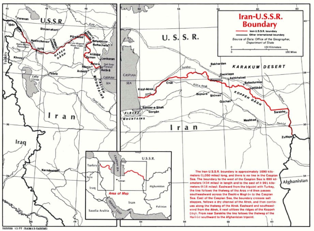 Detailierte Wandkarte des iranisch-sowjetischen Grenzverlaufs, zeigt geografische Merkmale und Landesgrenzen mit erklärendem Text.