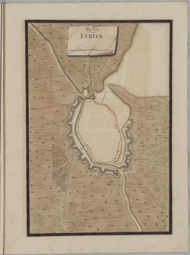 Altes Buch mit detaillierter Karte von Lübeck auf dem Cover, das Straßen, Gebäude und Sehenswürdigkeiten zeigt, begleitet von Texten zur Geschichte und Kultur der Stadt.