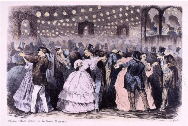 Eine Gruppe von Menschen, die in einem Ballsaal tanzen, mit Wänden, beleuchtet von Lichtern und Text unten, der "Madame Baille Nacional en la Campagne Bleuet, 1860" lautet.