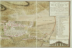 Ein altes detailliertes Stadtplan von Baden-Württemberg, Deutschland, das Straßen, Gebäude und Sehenswürdigkeiten zeigt, mit einem Gebäude in der rechten unteren Ecke und Text, der zusätzliche Stadtinformationen bereitstellt.