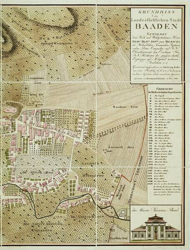 Ein altes detailliertes Stadtplan von Baden-Württemberg, Deutschland, das Straßen, Gebäude und Sehenswürdigkeiten zeigt, mit einem Gebäude in der rechten unteren Ecke und Text, der zusätzliche Stadtinformationen bereitstellt.