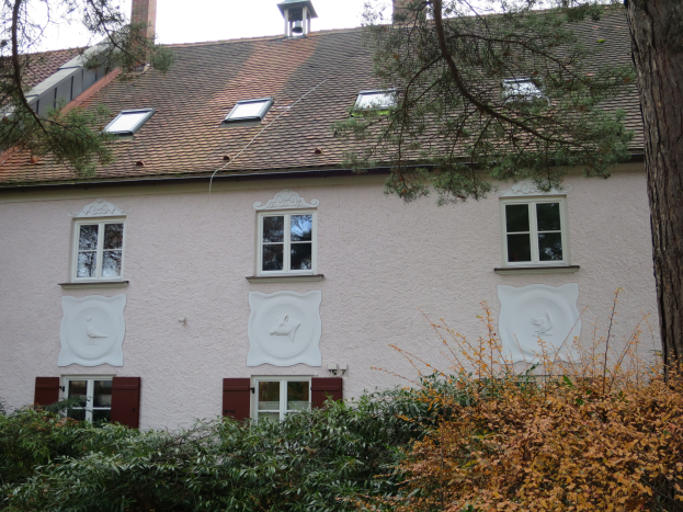 Ein weißes Haus mit roten Fensterläden, mehreren Fenstern und einem Baum davor, umgeben von grünen Pflanzen unter einem klaren blauen Himmel.