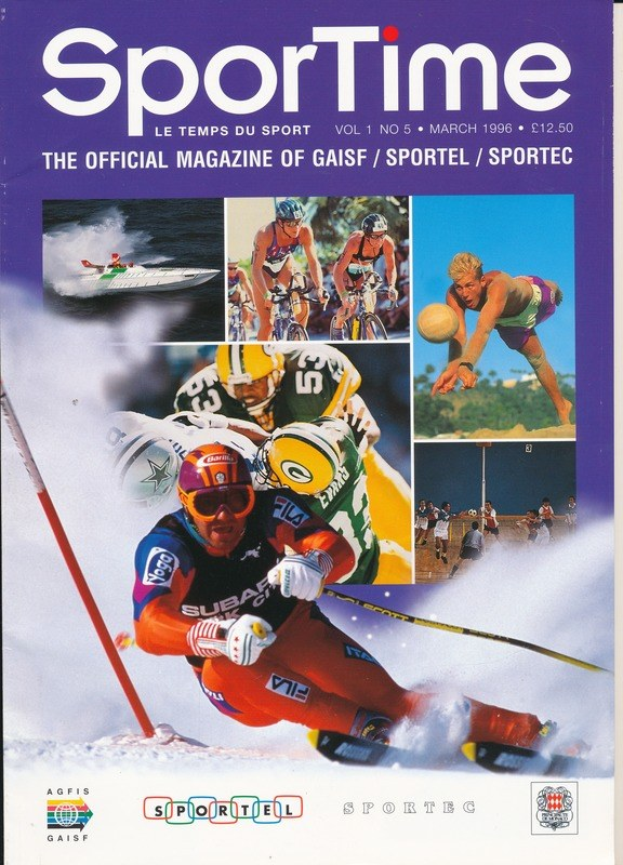 Titelbild von *Sporttime Magazine* März 1996, das Bilder von Skifahren und Snowboarden neben Text und Logos zeigt.