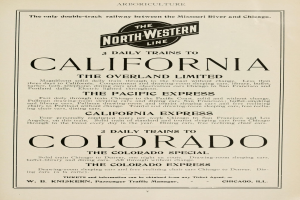 Papier mit Textauflistung "The North Western Line - 3 Daily Trains to California, The Overland Limited, The Pacific Express and Colorado."