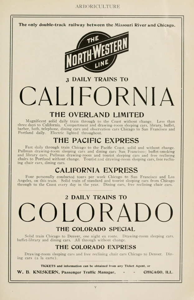 Papier mit Textauflistung "The North Western Line - 3 Daily Trains to California, The Overland Limited, The Pacific Express and Colorado."