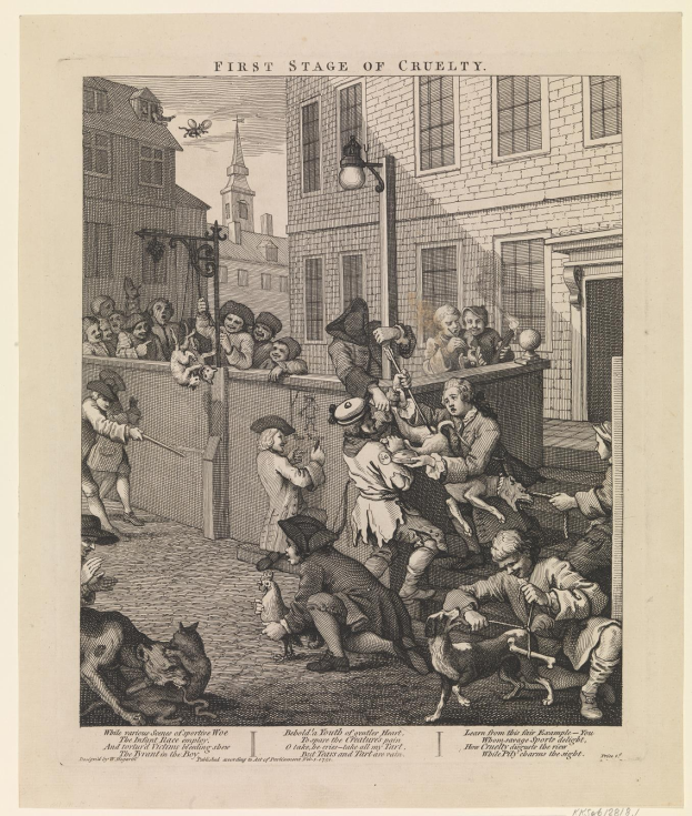 Eine Gruppe von Menschen und Tieren versammelt sich um ein Gebäude mit Fenstern und einem Laternenmast, mit dem Text 'Erste Stufe der Grausamkeit' unten.