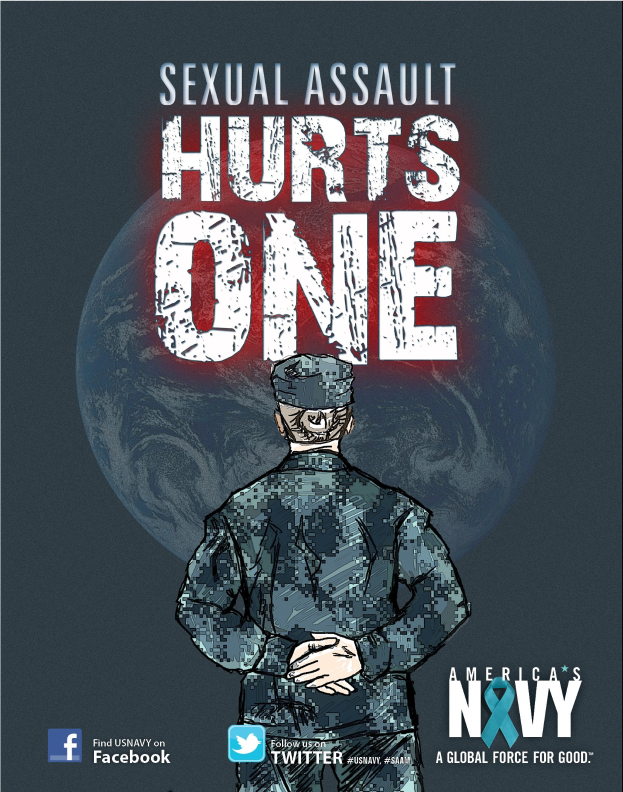 Ein Plakat mit einer Person in Militärkleidung in der Mitte, umgeben von Logos und fetter schwarzer Schrift, die "Sexual Assault Hurts One" lautet.