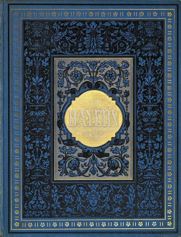 Ein blau-goldenes Buch mit dem Wort 'Bayern' darauf, verziert mit detailreichen Designs.
