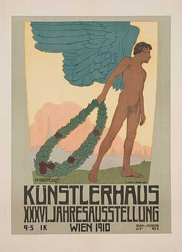 Deutsches Propagandaplakat aus dem Jahr 1910 für das Künstlerhaus Wien mit einem geflügelten Mann in einem Kranz, der entschlossen die Arme ausbreitet, mit kräftiger Schrift und leuchtenden Farben.