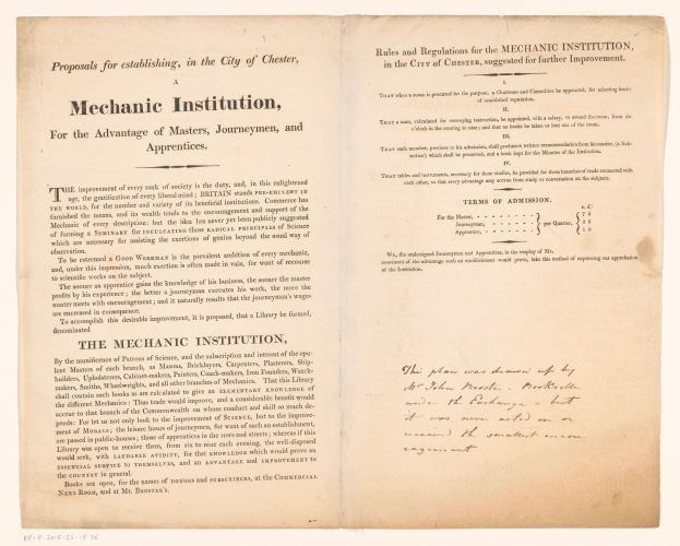 Ein aufgeschlagenes Buch mit dem Titel "Mechanic Institution, for the Advantage of Masters, Journeymen, and Apprenticeships."