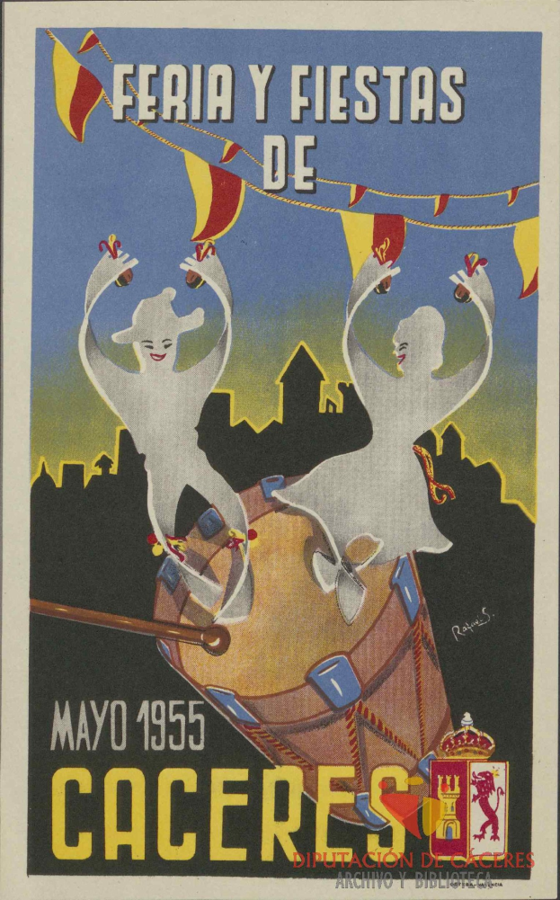 Buntes Plakat, das das Karnevalsfest Feria y Fiestas de Cáceres in Spanien ankündigt, mit traditionellen Kostümen, gelbem Hintergrund und schwarzem Text mit einem Festival-Logo.