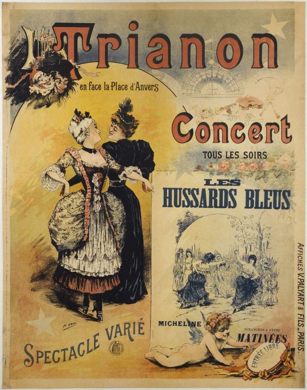 Konzertplakat mit einer Frau in einem langen, hochgeschlossenen Kleid und einem Mann im Anzug, der hinter ihr steht und die Arme verschränkt, beide mit ernsten Gesichtern.