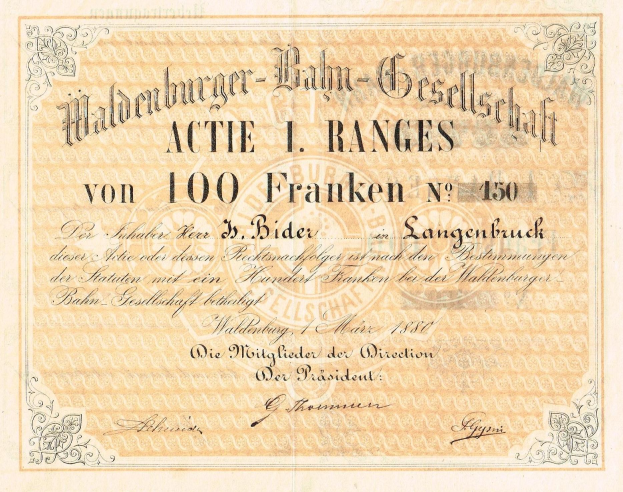 Deutsche Banknote mit einem Mannporträt, mit Text 'Haldenburger-Balm Gesellschaft Actie 1 Ranges'.