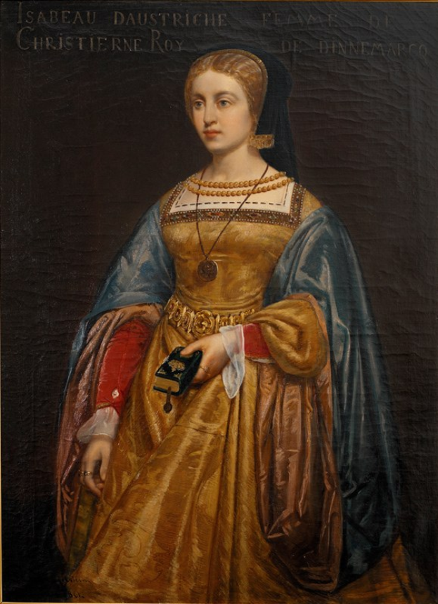 Gemälde von Isabella daustriche in einem goldenen Kleid mit detailreichen Verzierungen, Haar zu einem Dutt gebunden, majestätisch und mit einer friedlichen Miene, von Christierne Roy.