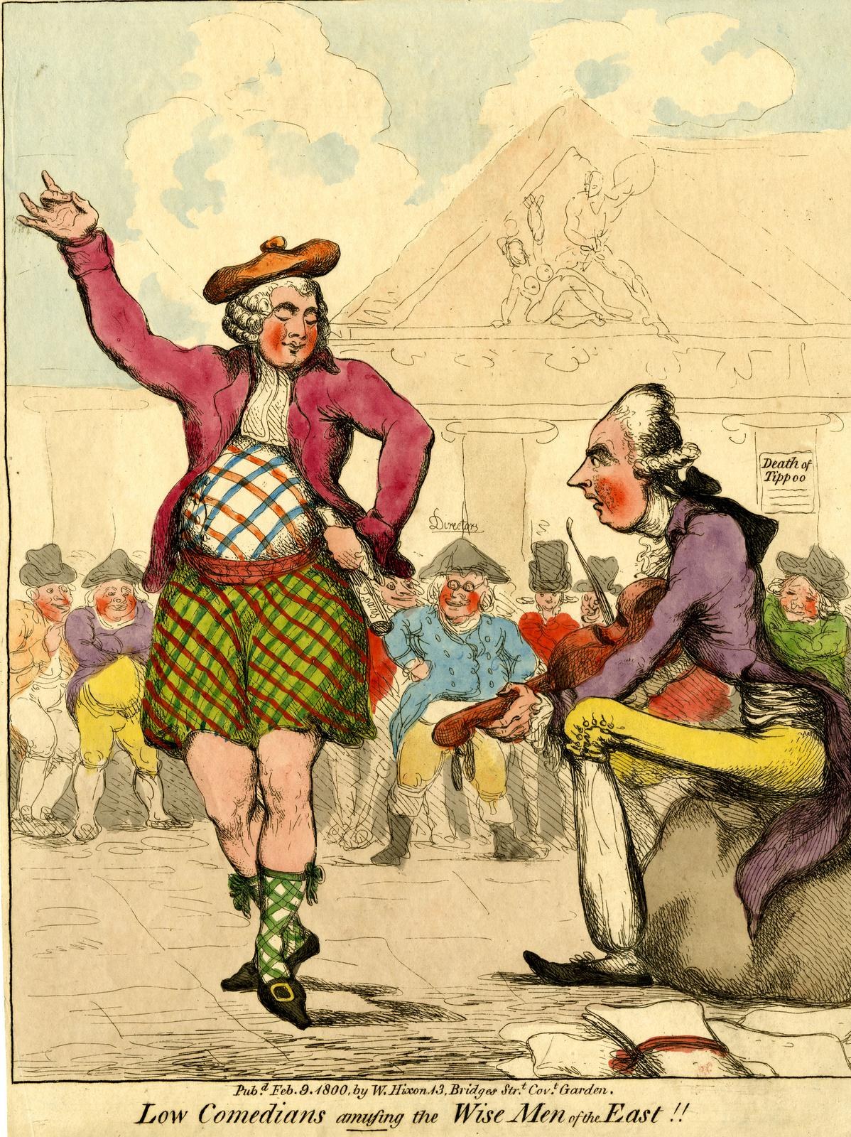 Cartoon eines Mannes in einem Kilt und einer Frau in einem Kleid, die vor einem Gebäude unter einem bewölkten Himmel für eine Menge auftreten, mit der Unterschrift "Niedrige Komiker amüsieren die weisen Männer des Ostens" unten.