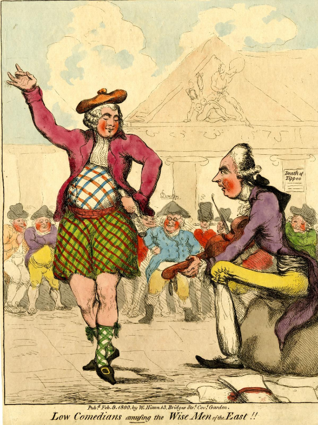 Cartoon eines Mannes in einem Kilt und einer Frau in einem Kleid, die vor einem Gebäude unter einem bewölkten Himmel für eine Menge auftreten, mit der Unterschrift "Niedrige Komiker amüsieren die weisen Männer des Ostens" unten.