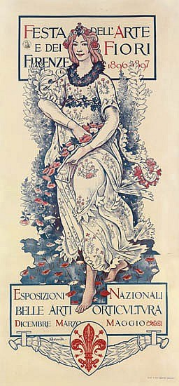 Plakat für ein italienisches Festival, das eine Frau in einem langen weißen Kleid mit hohem Kragen, einem Dutt und einem sanften Gesichtsausdruck vor einem hellblauen Hintergrund mit schwarzer Schrift zeigt.