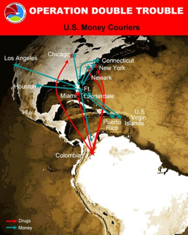 Plakat mit dem Titel "Operation Double Trouble: US-Geldkurier" mit einer US-Karte, die in zwei Abschnitte unterteilt ist, einer zeigt die Route der US-Geldkurier und der andere zeigt die Standorte der Geldtransportunternehmen, mit fetter schwarzer Schrift auf einem weißen Rand.
