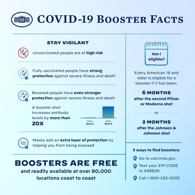 Plakat mit Covid-19-Booster-Fakten, einschließlich Statistiken, Virus-Typ, Risiken und einer Grafik einer Person mit Mund-Nasen-Schutz.