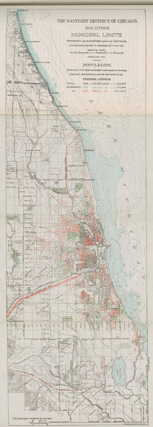 Schwarz-weiß-Karte des Sanitätsbezirks Chicago, die die städtischen Grenzen und Textdetails zeigt.