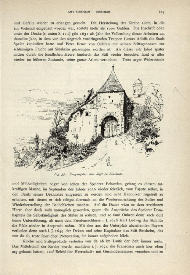 Ein altes Buch mit einer Zeichnung eines Schlosses umgeben von Bäumen und Pflanzen, mit dem Text "Ant Sinsheim - Die Herstellung der Kirche allein, in die Viehstell Gebäude eine Geburtstag, die 1000 Gulden die Inschrift oben" auf der Seite geschrieben.