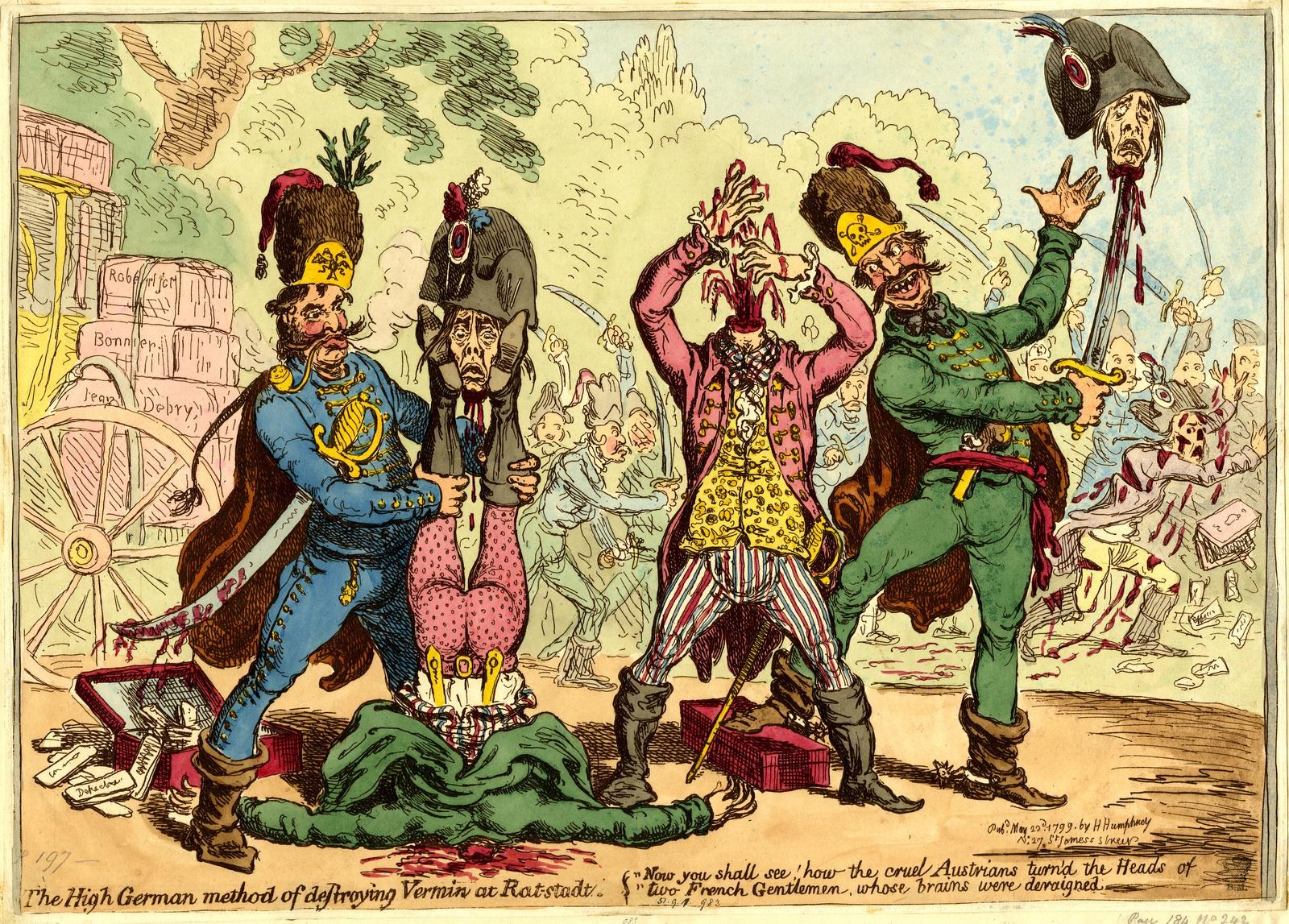 Cartoon-Illustration von Männern in Militäruniformen mit einem, der ein Schwert hält, vor dem Hintergrund von Bäumen und Gebäuden, mit der Bildunterschrift "Die hohe deutsche Methode zur Bekämpfung von Ungeziefer in Ratstadt" unten.